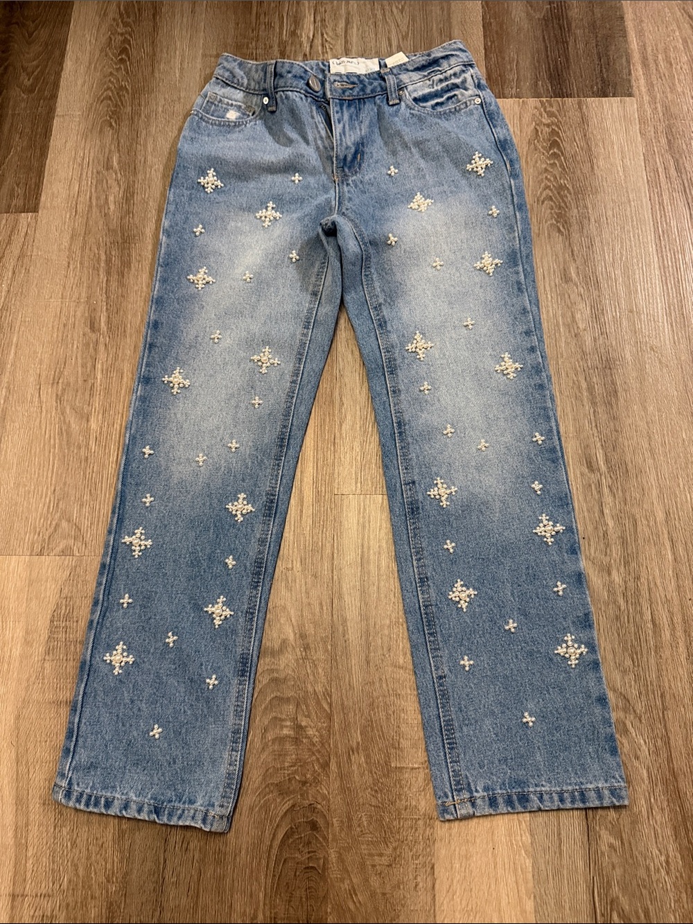 Pearl-Embellished Light Blue Women's Straight Leg Jeans